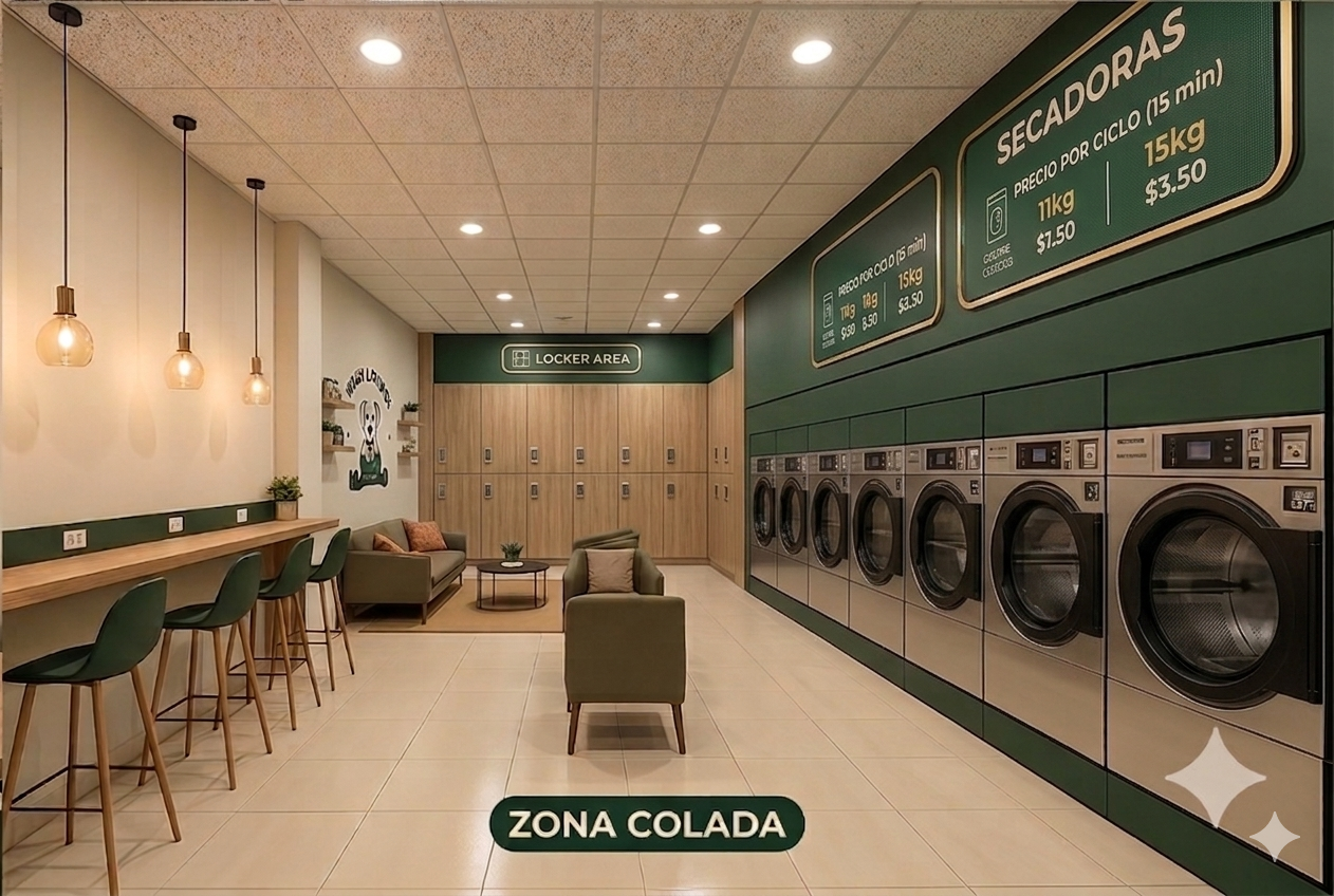 Interior de Wash Lounge con zona de colada, lockers y secadoras
