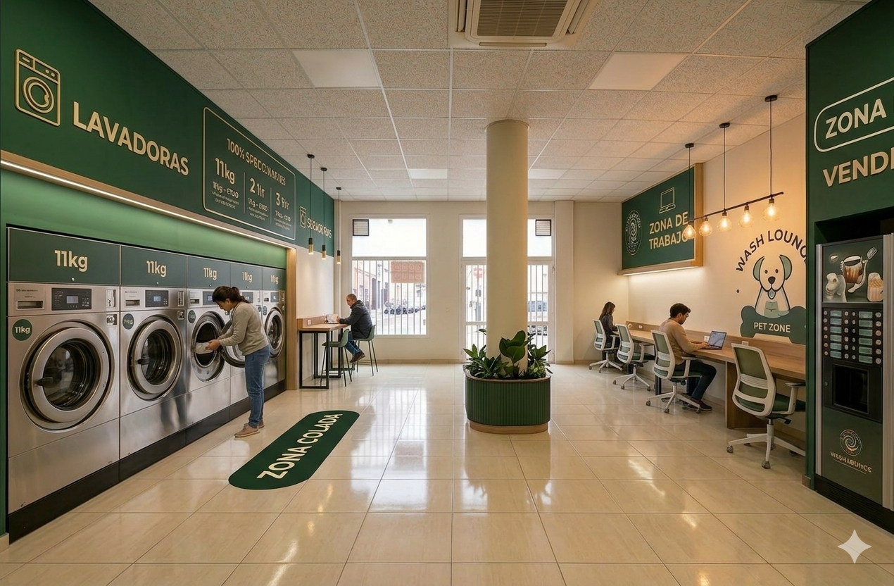 Interior de Wash Lounge con clientes, lavadoras, zona de trabajo y pet zone