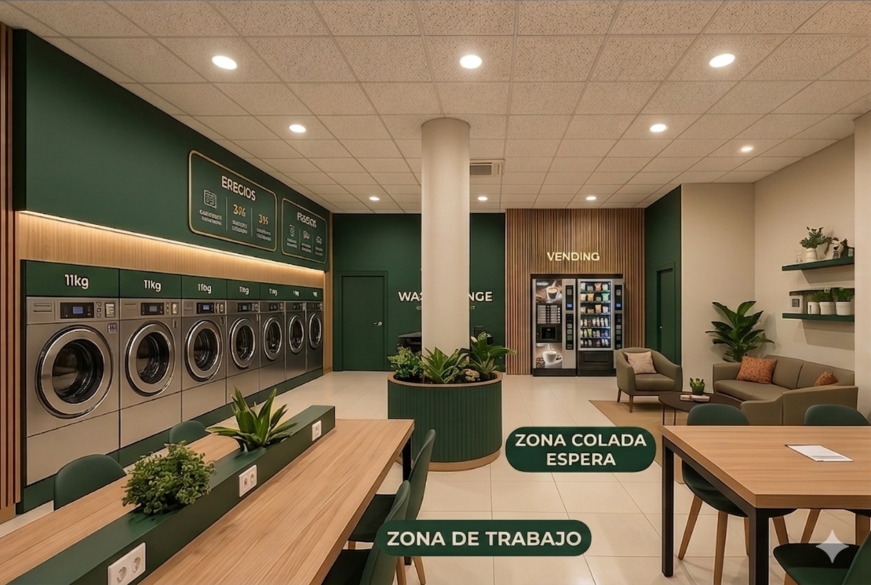 Interior central de Wash Lounge con lavadoras, vending, zona de espera y coworking