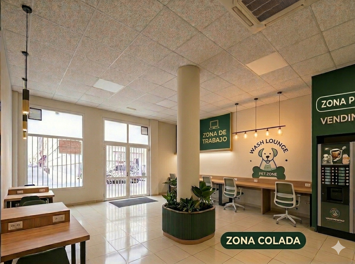 Interior de Wash Lounge con zona de trabajo, pet zone y vending